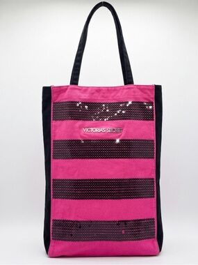 Victoria’s Secret Pink Black Sequin Stripe Tote Bag Y2K Vintage Sparkle Bling